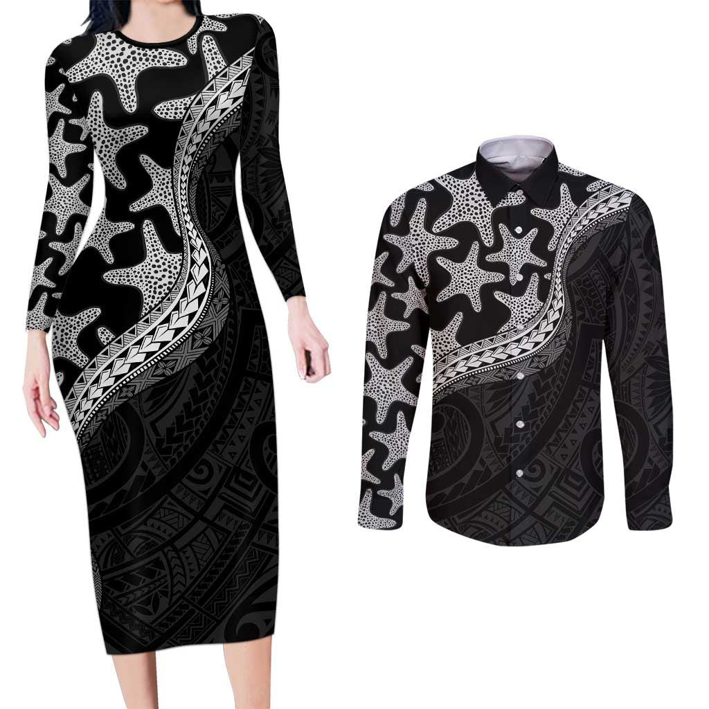 Monotone Polynesian Starfish Unique Pattern Couples Matching Long Sleeve Bodycon Dress and Long Sleeve Button Shirt