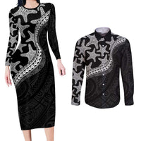 Monotone Polynesian Starfish Unique Pattern Couples Matching Long Sleeve Bodycon Dress and Long Sleeve Button Shirt