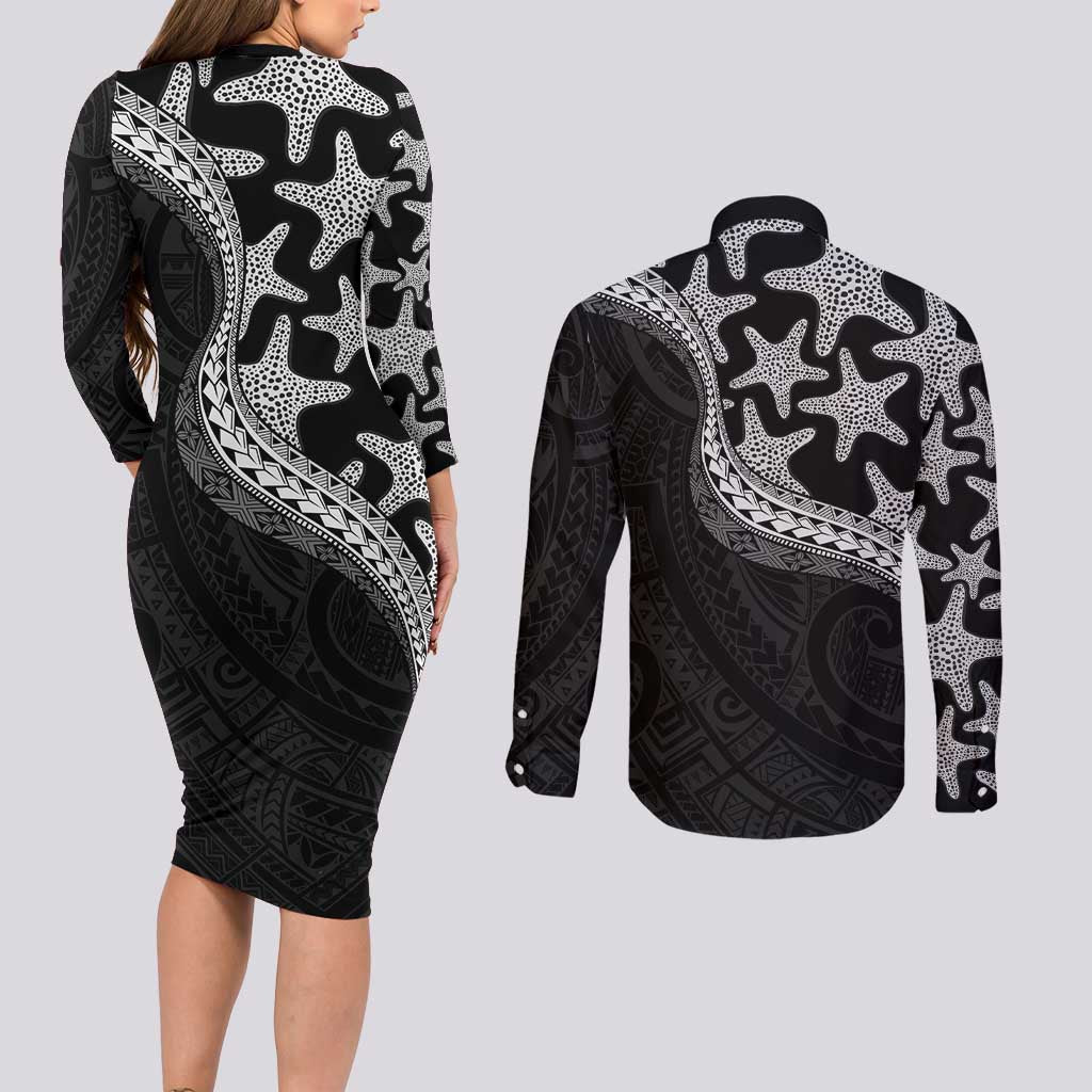 Monotone Polynesian Starfish Unique Pattern Couples Matching Long Sleeve Bodycon Dress and Long Sleeve Button Shirt
