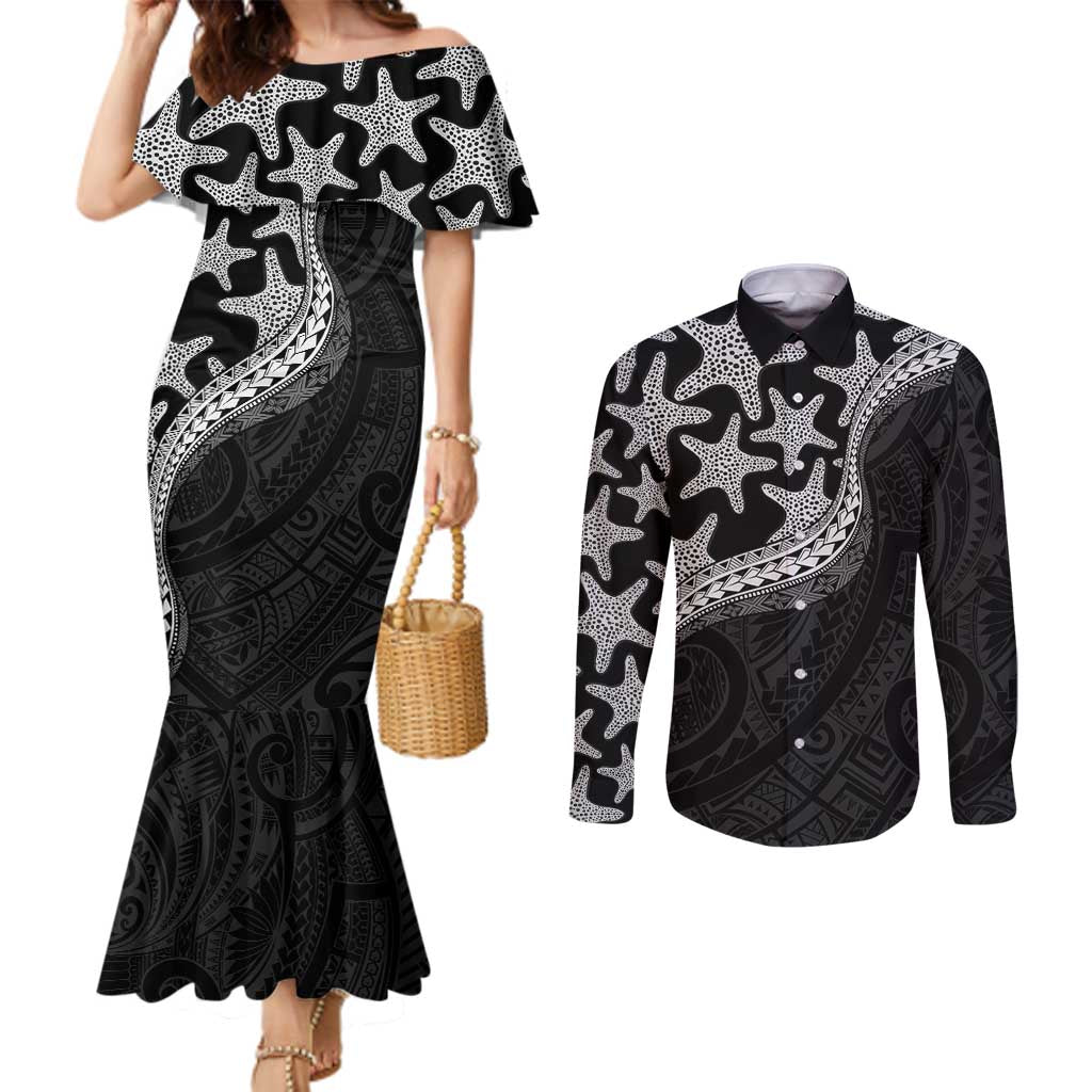 Monotone Polynesian Starfish Unique Pattern Couples Matching Mermaid Dress and Long Sleeve Button Shirt LT01 Black - Polynesian Pride