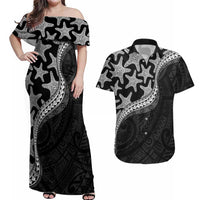 Monotone Polynesian Starfish Unique Pattern Couples Matching Off Shoulder Maxi Dress and Hawaiian Shirt