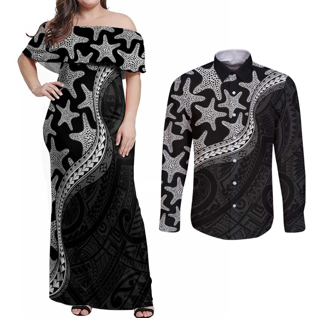 Monotone Polynesian Starfish Unique Pattern Couples Matching Off Shoulder Maxi Dress and Long Sleeve Button Shirt