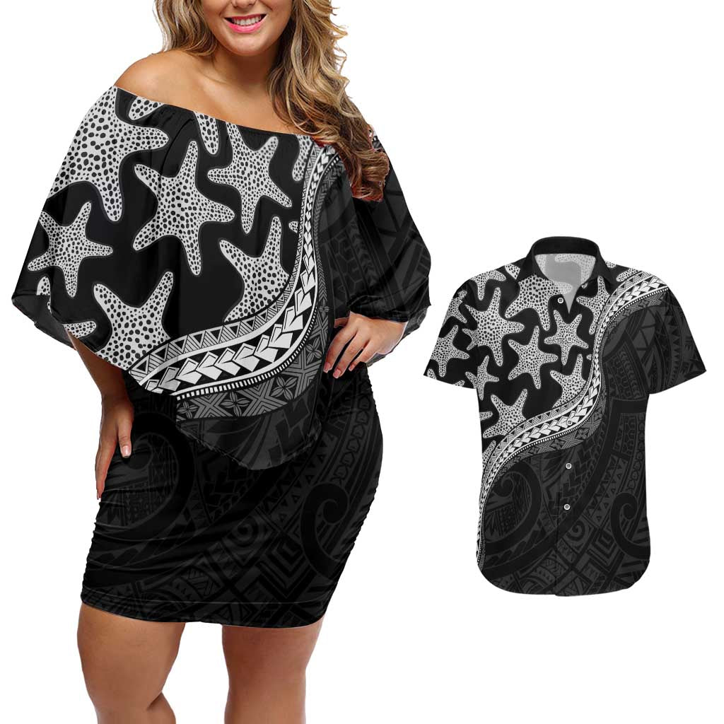 Monotone Polynesian Starfish Unique Pattern Couples Matching Off Shoulder Short Dress and Hawaiian Shirt LT01 Black - Polynesian Pride