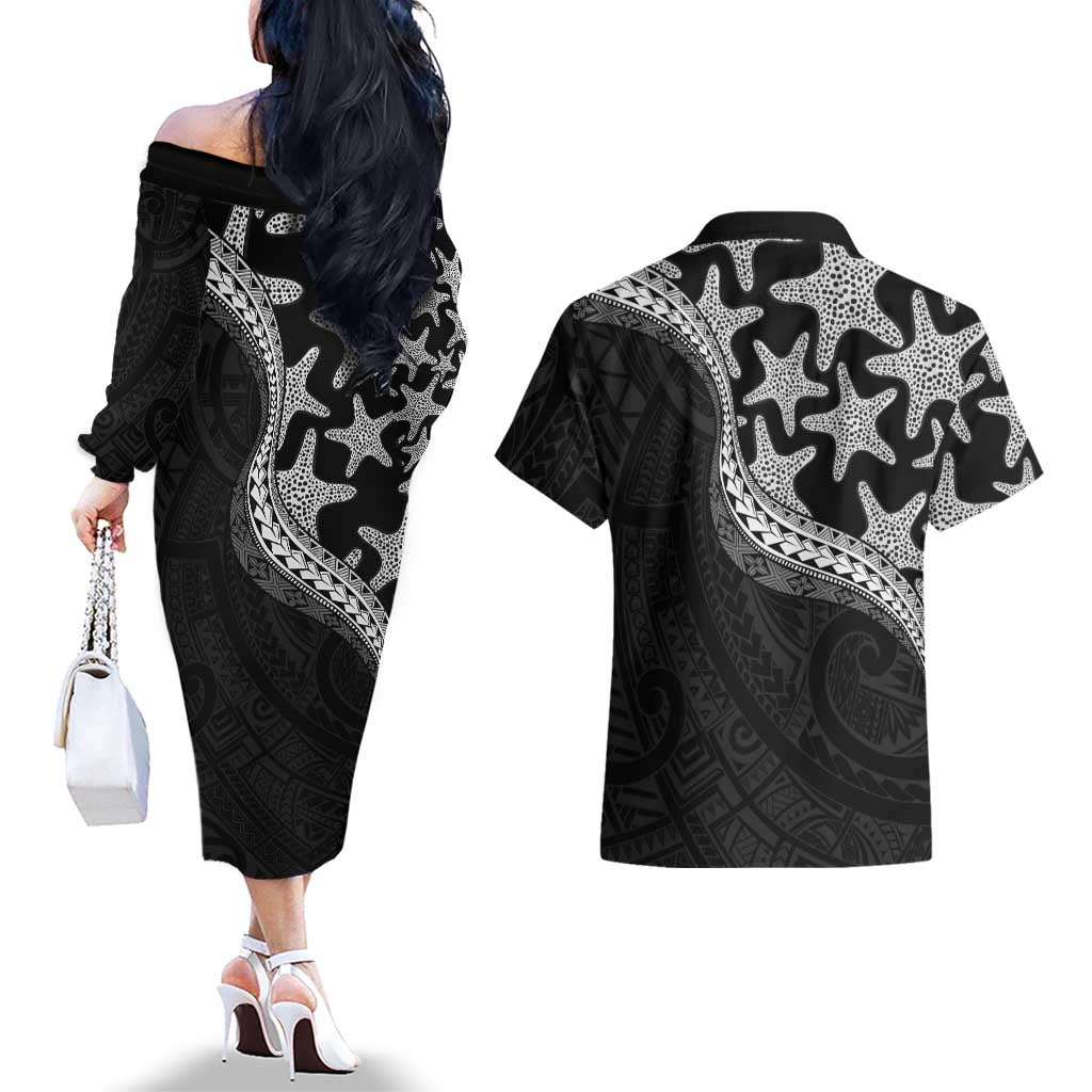 Monotone Polynesian Starfish Unique Pattern Couples Matching Off The Shoulder Long Sleeve Dress and Hawaiian Shirt