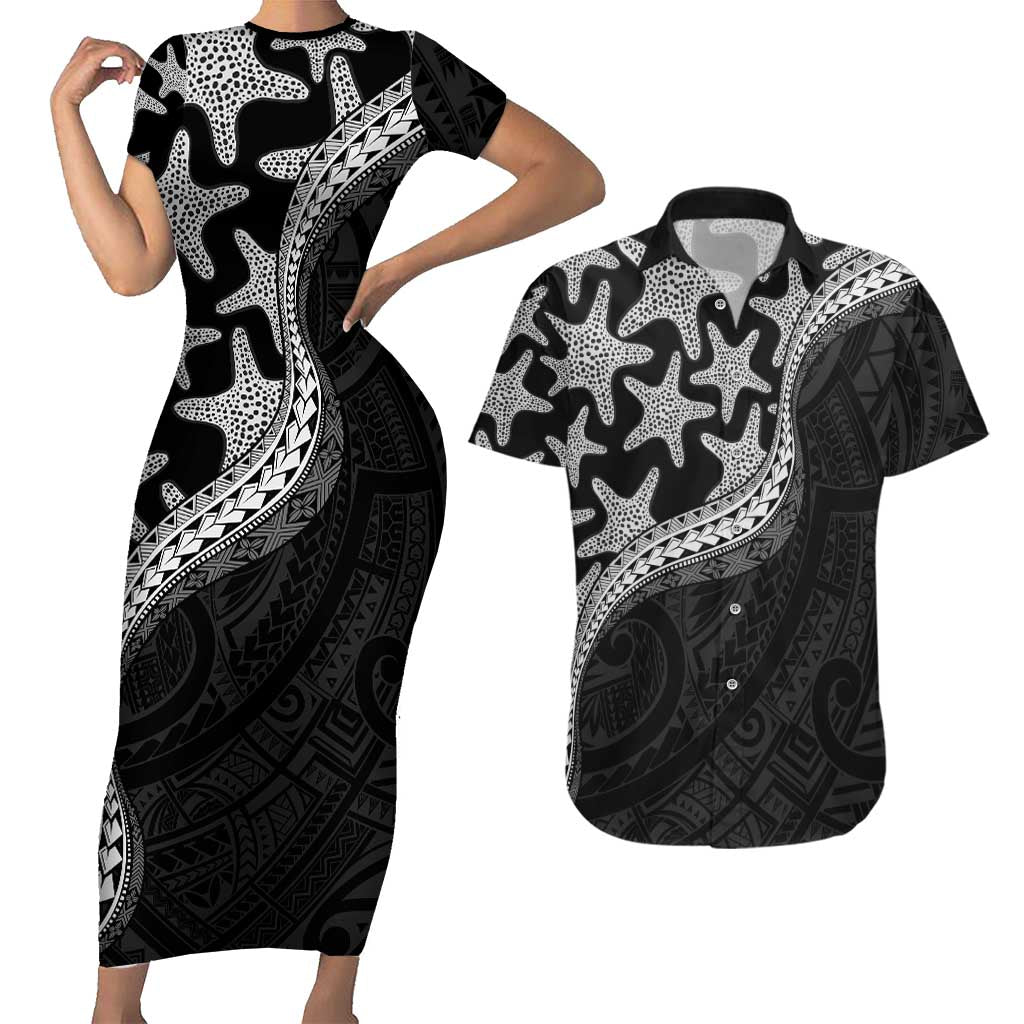 Monotone Polynesian Starfish Unique Pattern Couples Matching Short Sleeve Bodycon Dress and Hawaiian Shirt