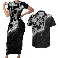 Monotone Polynesian Starfish Unique Pattern Couples Matching Short Sleeve Bodycon Dress and Hawaiian Shirt