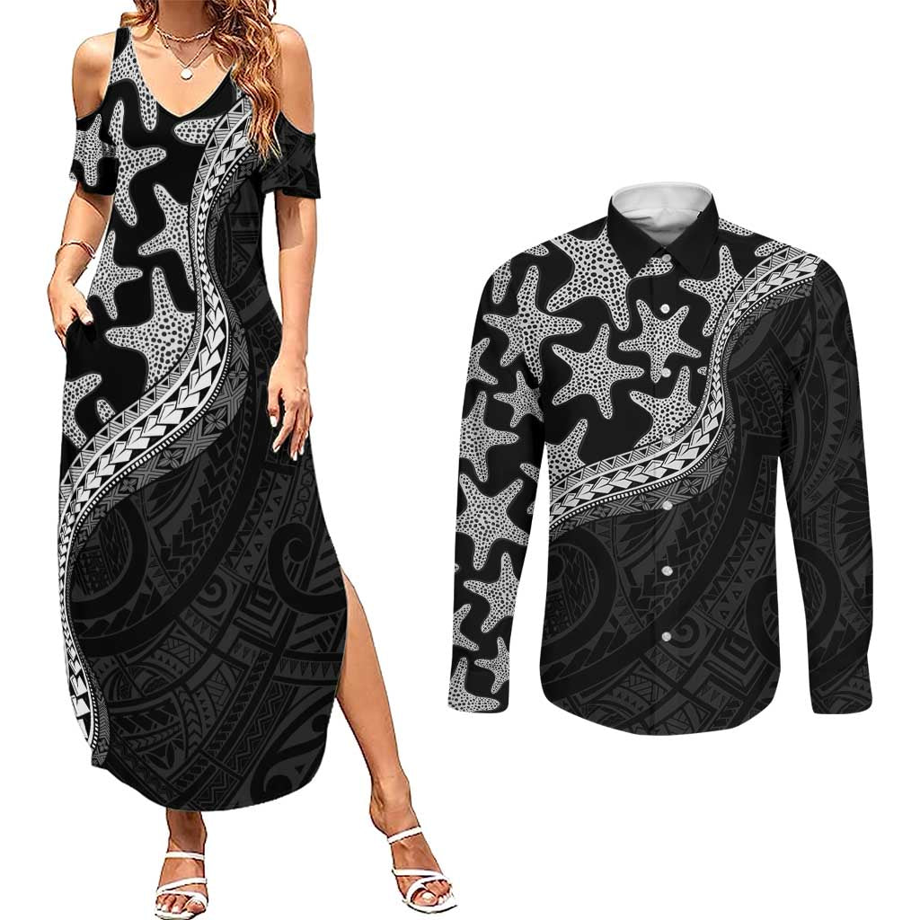 Monotone Polynesian Starfish Unique Pattern Couples Matching Summer Maxi Dress and Long Sleeve Button Shirt LT01 Black - Polynesian Pride