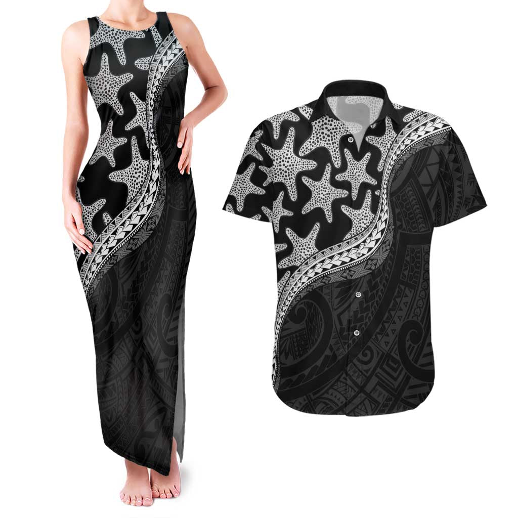 Monotone Polynesian Starfish Unique Pattern Couples Matching Tank Maxi Dress and Hawaiian Shirt