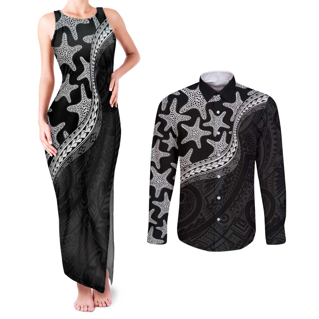 Monotone Polynesian Starfish Unique Pattern Couples Matching Tank Maxi Dress and Long Sleeve Button Shirt LT01 Black - Polynesian Pride
