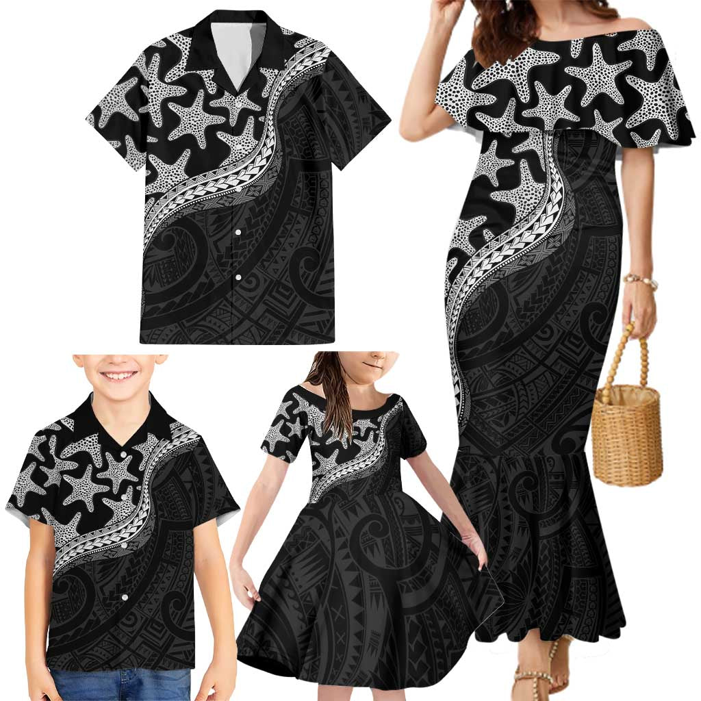 Monotone Polynesian Starfish Unique Pattern Family Matching Mermaid Dress and Hawaiian Shirt LT01 - Polynesian Pride