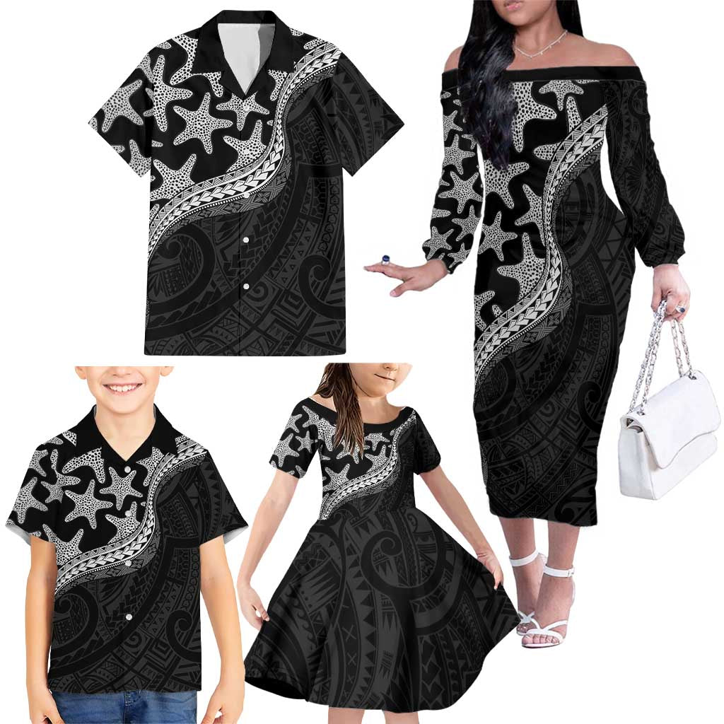Monotone Polynesian Starfish Unique Pattern Family Matching Off The Shoulder Long Sleeve Dress and Hawaiian Shirt LT01 - Polynesian Pride