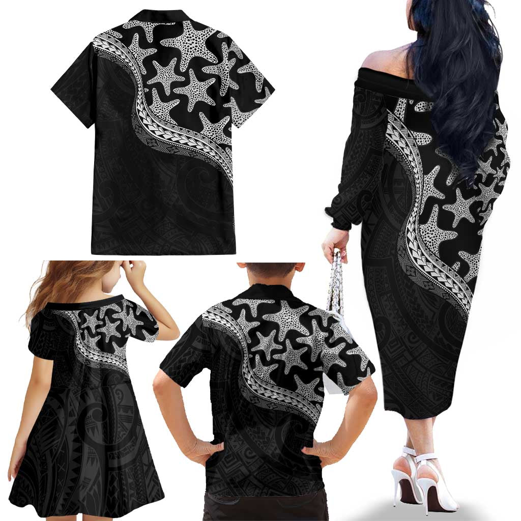 Monotone Polynesian Starfish Unique Pattern Family Matching Off The Shoulder Long Sleeve Dress and Hawaiian Shirt