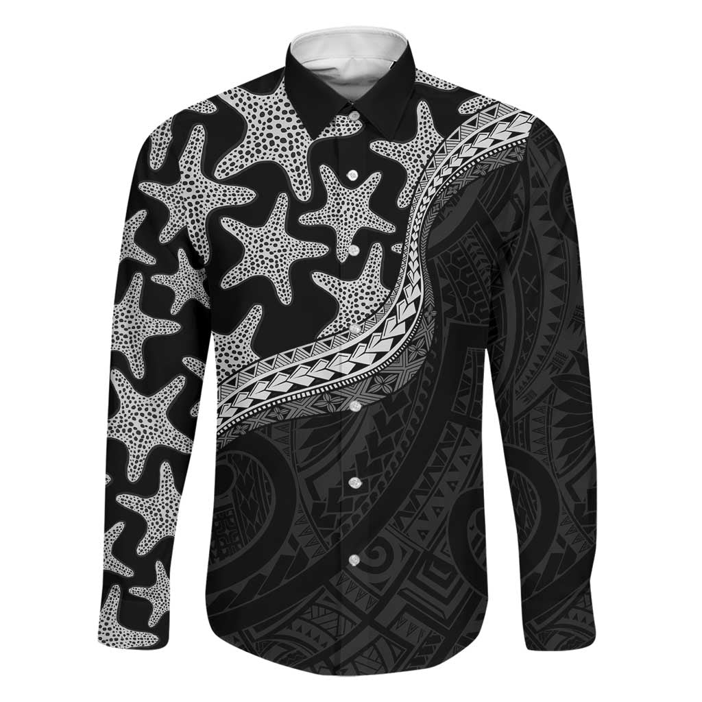 Monotone Polynesian Starfish Unique Pattern Family Matching Off The Shoulder Long Sleeve Dress and Hawaiian Shirt