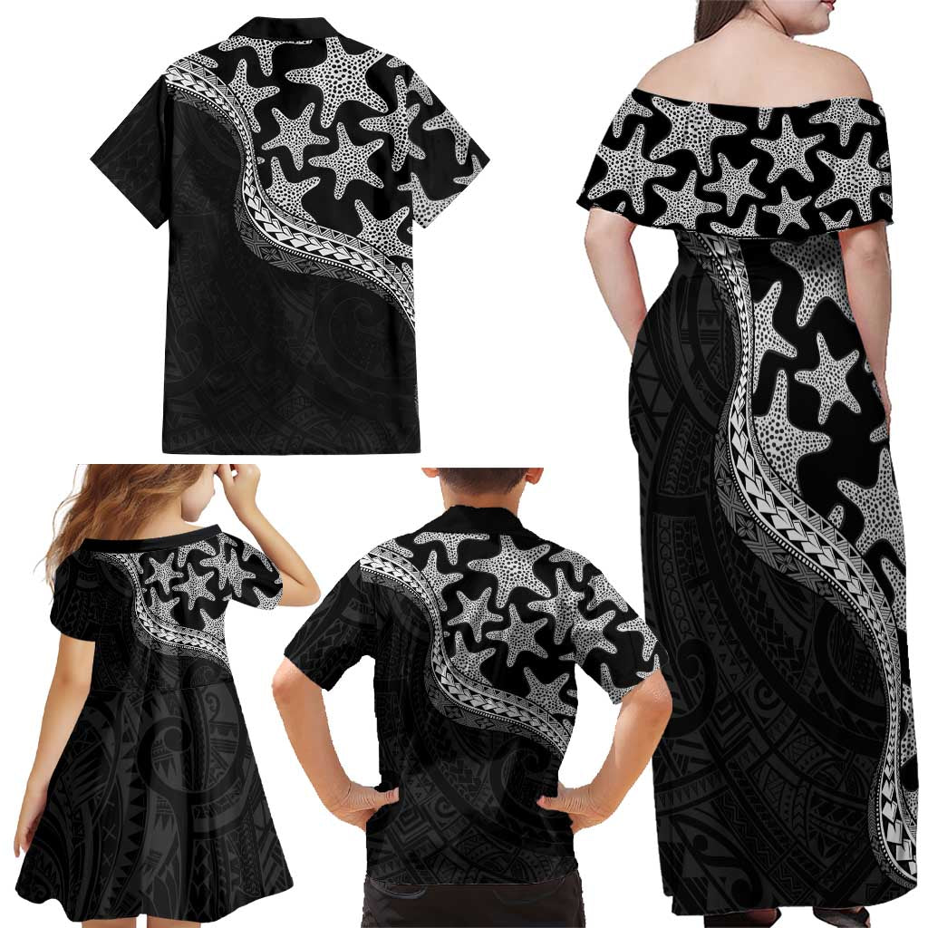 Monotone Polynesian Starfish Unique Pattern Family Matching Off Shoulder Maxi Dress and Hawaiian Shirt