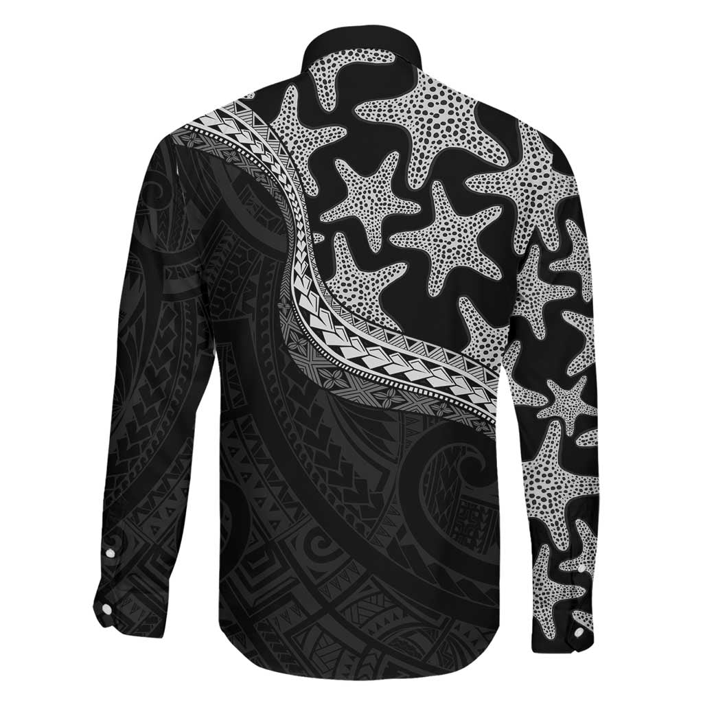Monotone Polynesian Starfish Unique Pattern Family Matching Off Shoulder Maxi Dress and Hawaiian Shirt