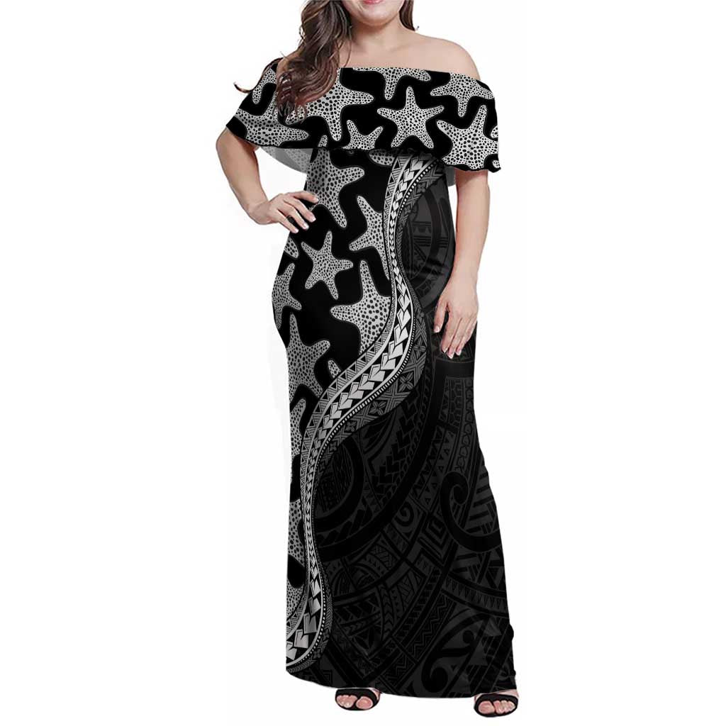 Monotone Polynesian Starfish Unique Pattern Family Matching Off Shoulder Maxi Dress and Hawaiian Shirt