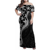 Monotone Polynesian Starfish Unique Pattern Family Matching Off Shoulder Maxi Dress and Hawaiian Shirt