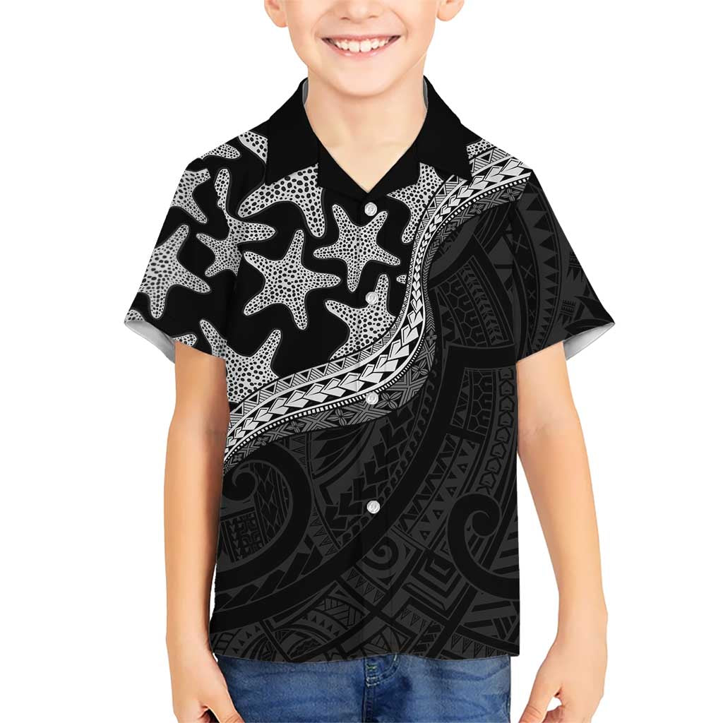 Monotone Polynesian Starfish Unique Pattern Family Matching Off Shoulder Maxi Dress and Hawaiian Shirt