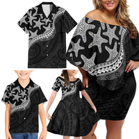 Monotone Polynesian Starfish Unique Pattern Family Matching Off Shoulder Short Dress and Hawaiian Shirt