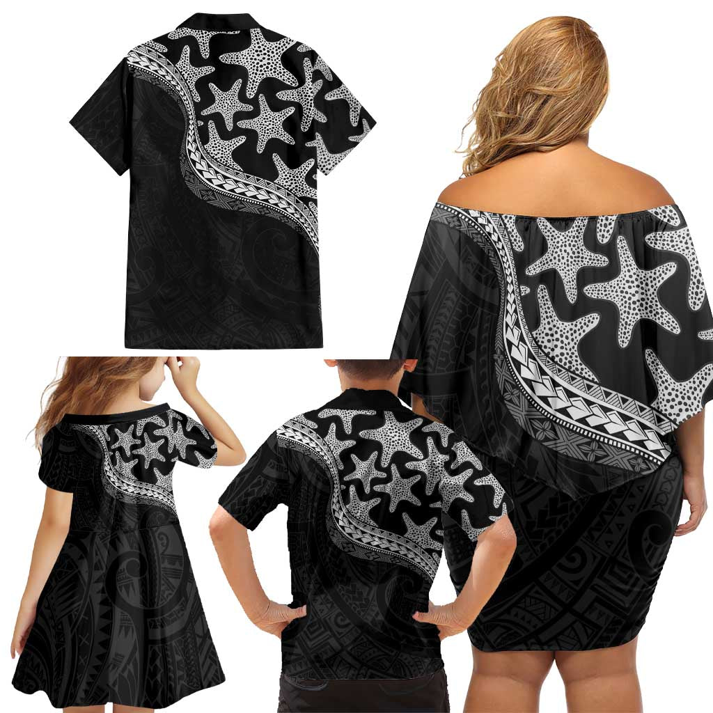Monotone Polynesian Starfish Unique Pattern Family Matching Off Shoulder Short Dress and Hawaiian Shirt