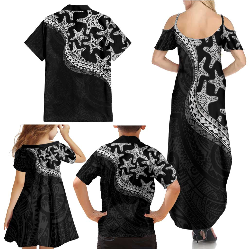 Monotone Polynesian Starfish Unique Pattern Family Matching Summer Maxi Dress and Hawaiian Shirt