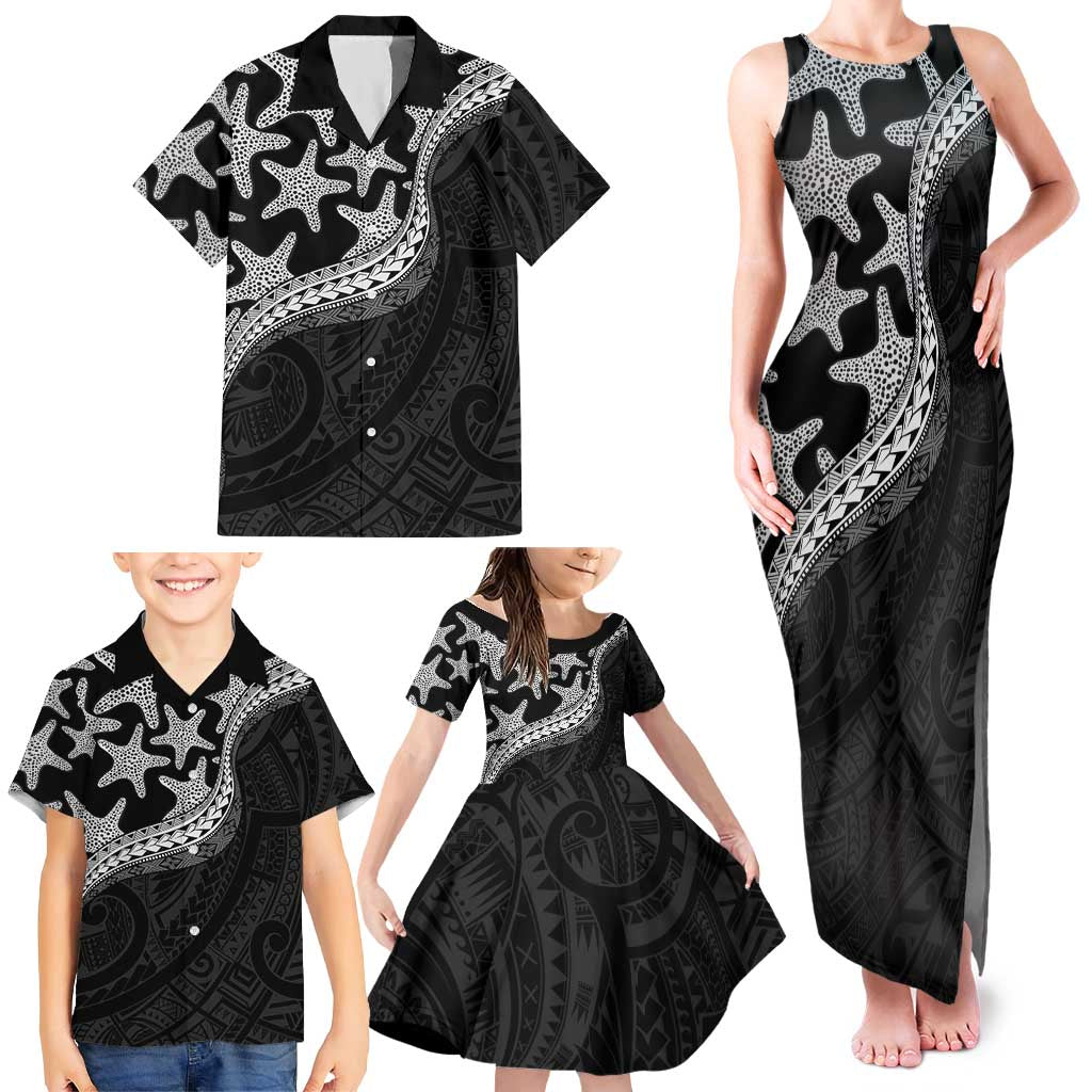 Monotone Polynesian Starfish Unique Pattern Family Matching Tank Maxi Dress and Hawaiian Shirt LT01 - Polynesian Pride