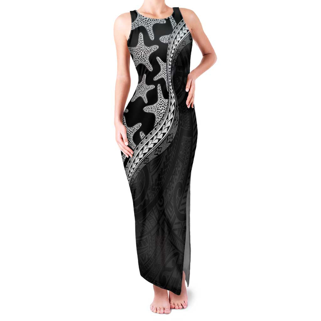 Monotone Polynesian Starfish Unique Pattern Family Matching Tank Maxi Dress and Hawaiian Shirt LT01 Mom's Dress Black - Polynesian Pride