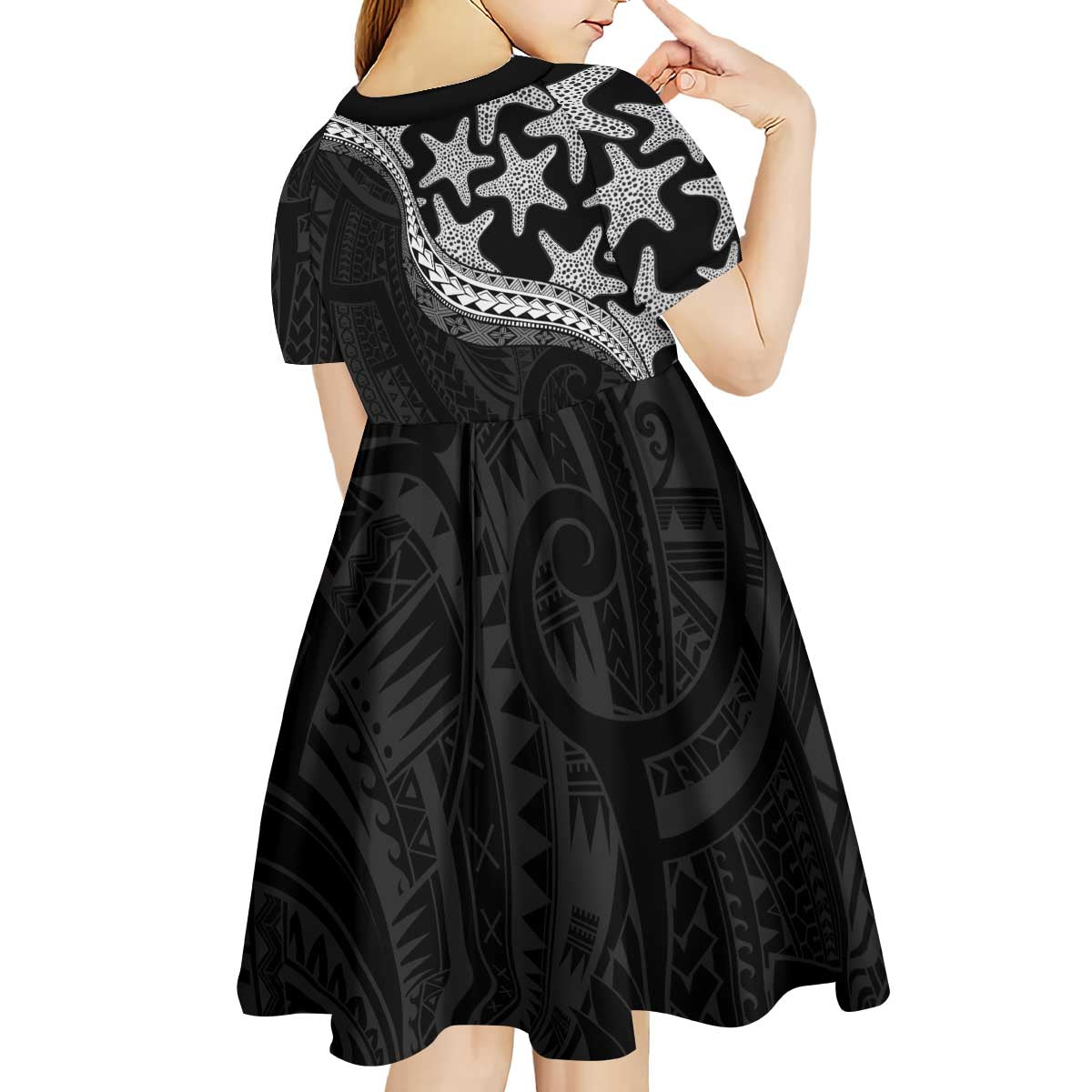 Monotone Polynesian Starfish Unique Pattern Kid Short Sleeve Dress