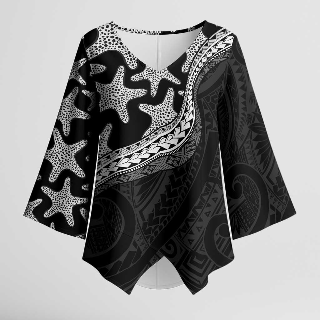 Monotone Polynesian Starfish Unique Pattern Kimono Sleeve Blouse