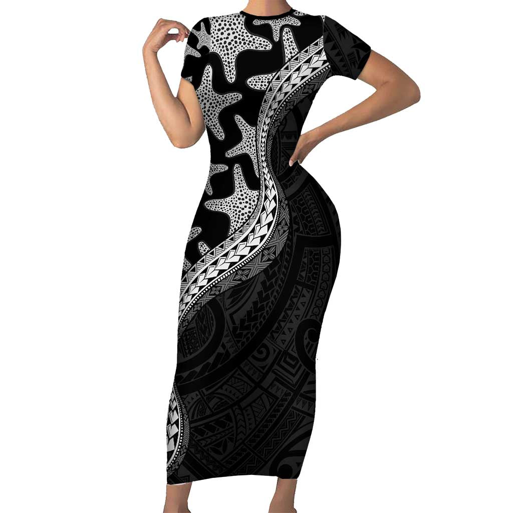 Monotone Polynesian Starfish Unique Pattern Short Sleeve Bodycon Dress