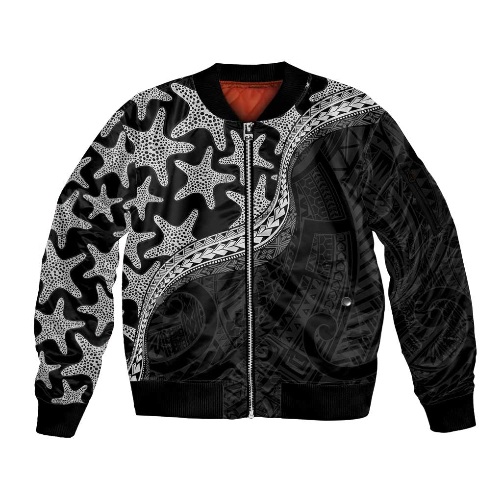 Monotone Polynesian Starfish Unique Pattern Sleeve Zip Bomber Jacket