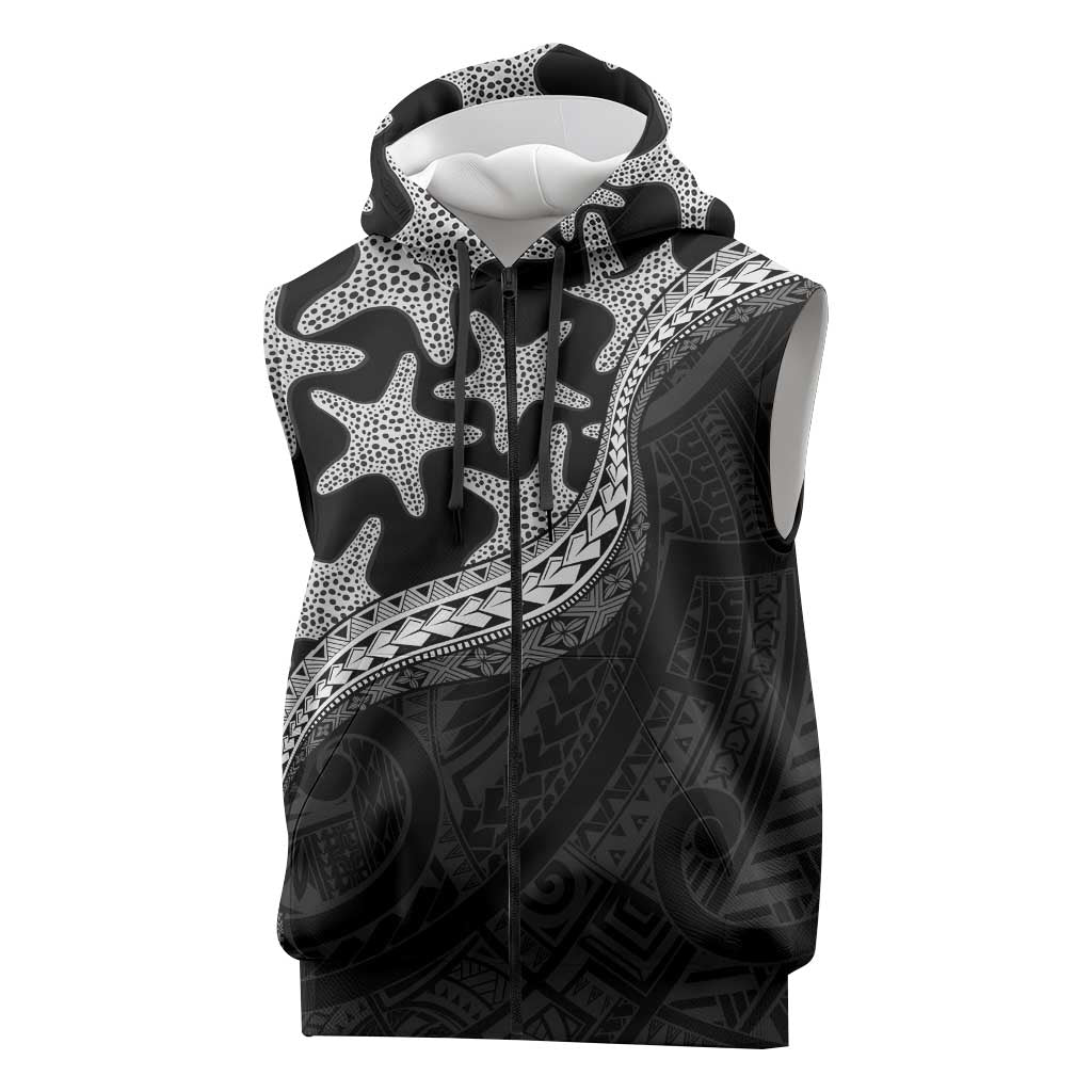 Monotone Polynesian Starfish Unique Pattern Sleeveless Zip Hoodie