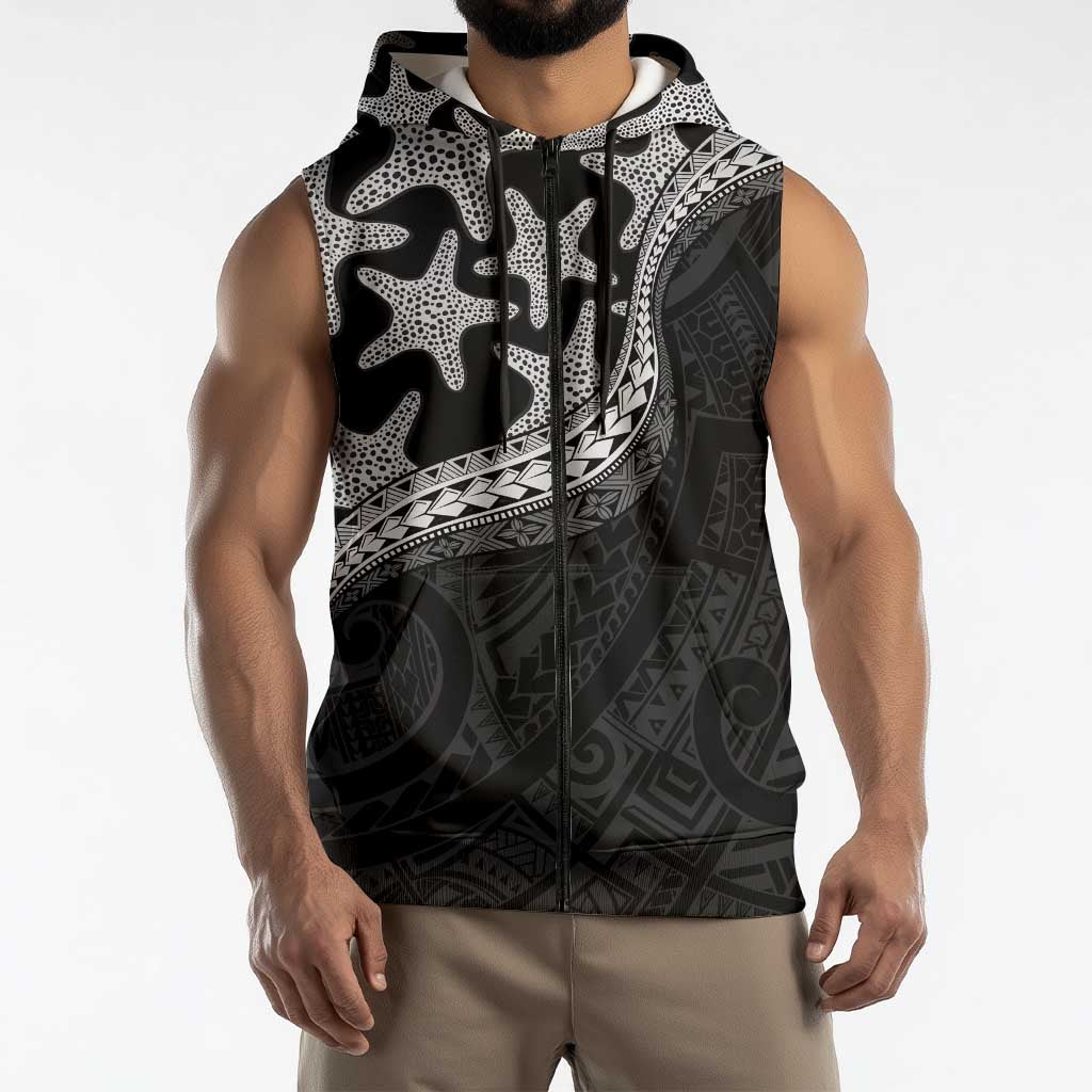Monotone Polynesian Starfish Unique Pattern Sleeveless Zip Hoodie