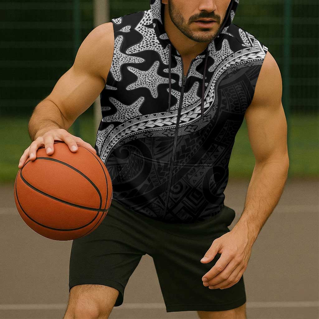 Monotone Polynesian Starfish Unique Pattern Sleeveless Zip Hoodie