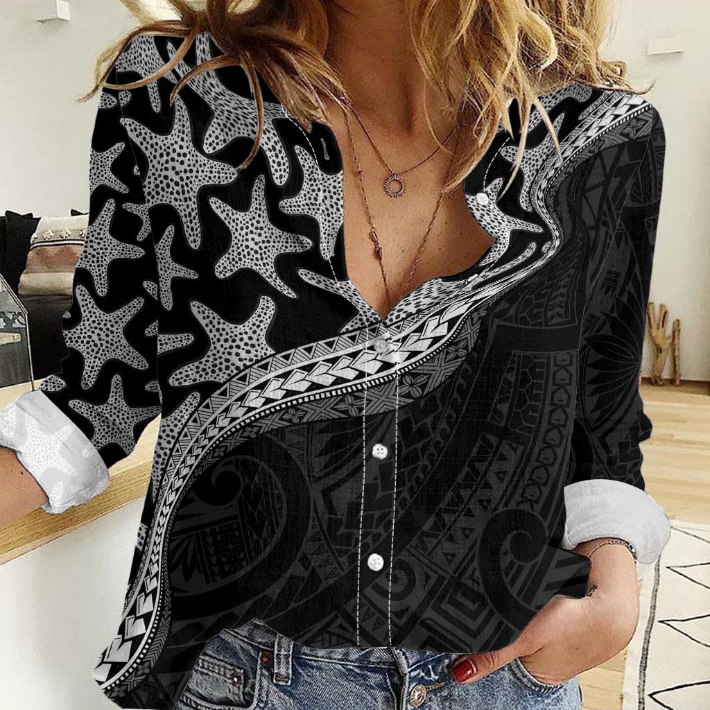 Monotone Polynesian Starfish Unique Pattern Women Casual Shirt