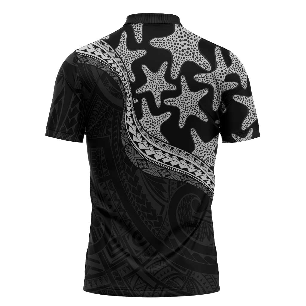 Monotone Polynesian Starfish Unique Pattern Zipper Polo Shirt
