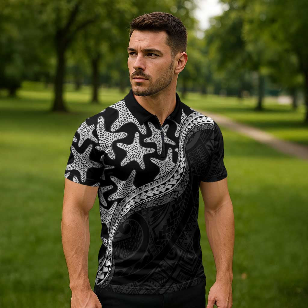 Monotone Polynesian Starfish Unique Pattern Zipper Polo Shirt