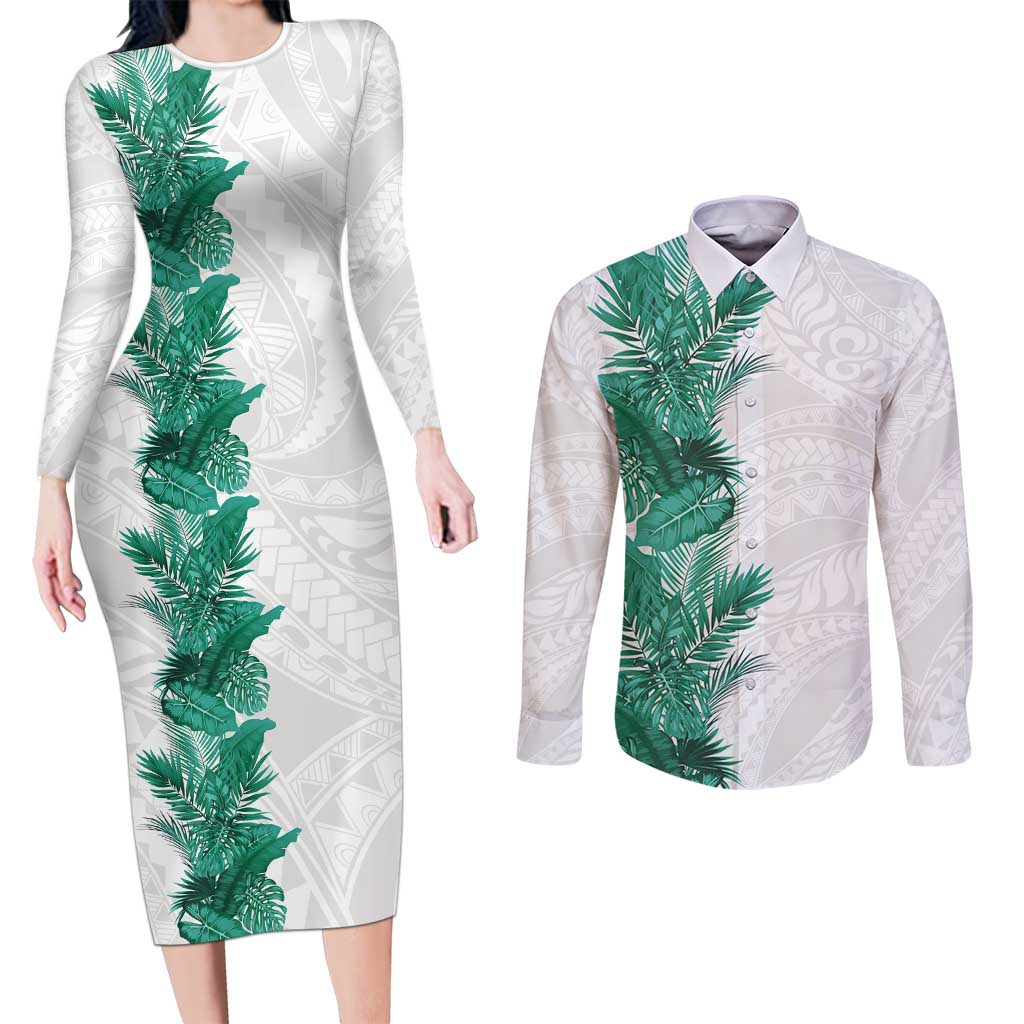 Hawaii Tropical Leaves Couples Matching Long Sleeve Bodycon Dress and Long Sleeve Button Shirt Polynesian Pattern LT01 White - Polynesian Pride