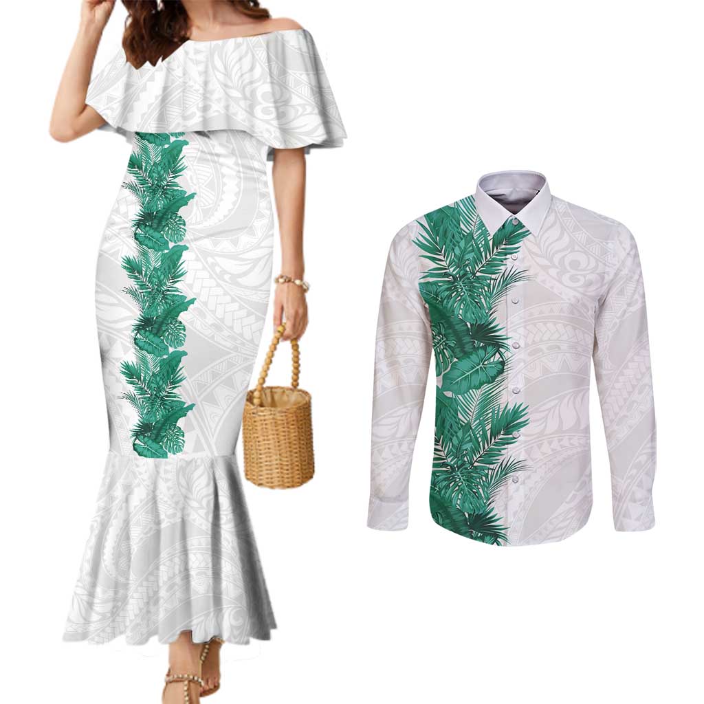 Hawaii Tropical Leaves Couples Matching Mermaid Dress and Long Sleeve Button Shirt Polynesian Pattern LT01 White - Polynesian Pride