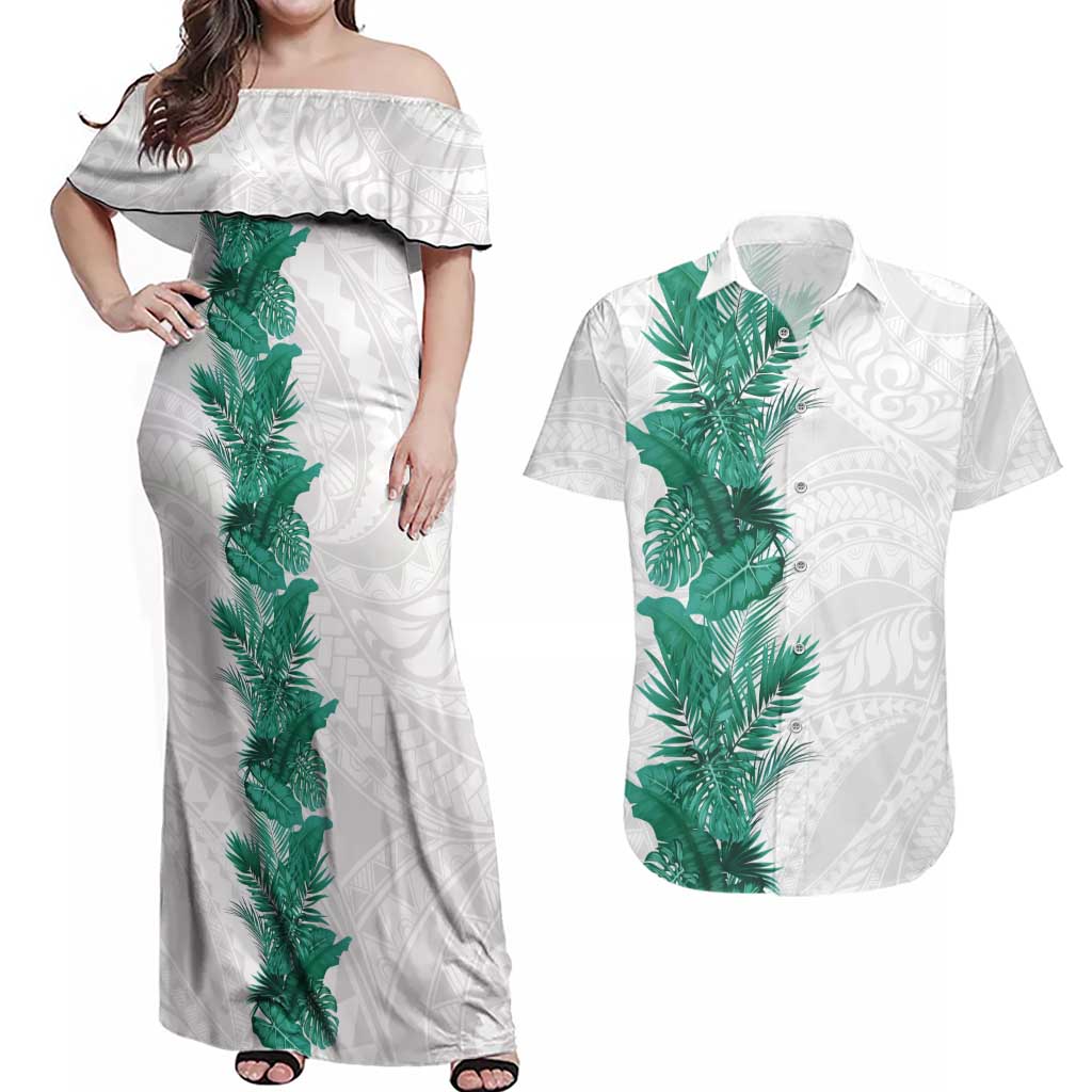 Hawaii Tropical Leaves Couples Matching Off Shoulder Maxi Dress and Hawaiian Shirt Polynesian Pattern LT01 White - Polynesian Pride
