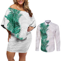 Hawaii Tropical Leaves Couples Matching Off Shoulder Short Dress and Long Sleeve Button Shirt Polynesian Pattern