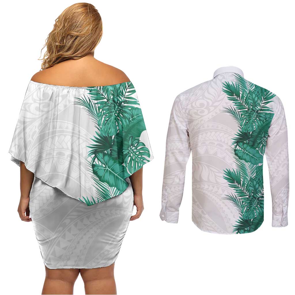 Hawaii Tropical Leaves Couples Matching Off Shoulder Short Dress and Long Sleeve Button Shirt Polynesian Pattern