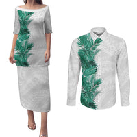 Hawaii Tropical Leaves Couples Matching Puletasi and Long Sleeve Button Shirt Polynesian Pattern LT01 White - Polynesian Pride