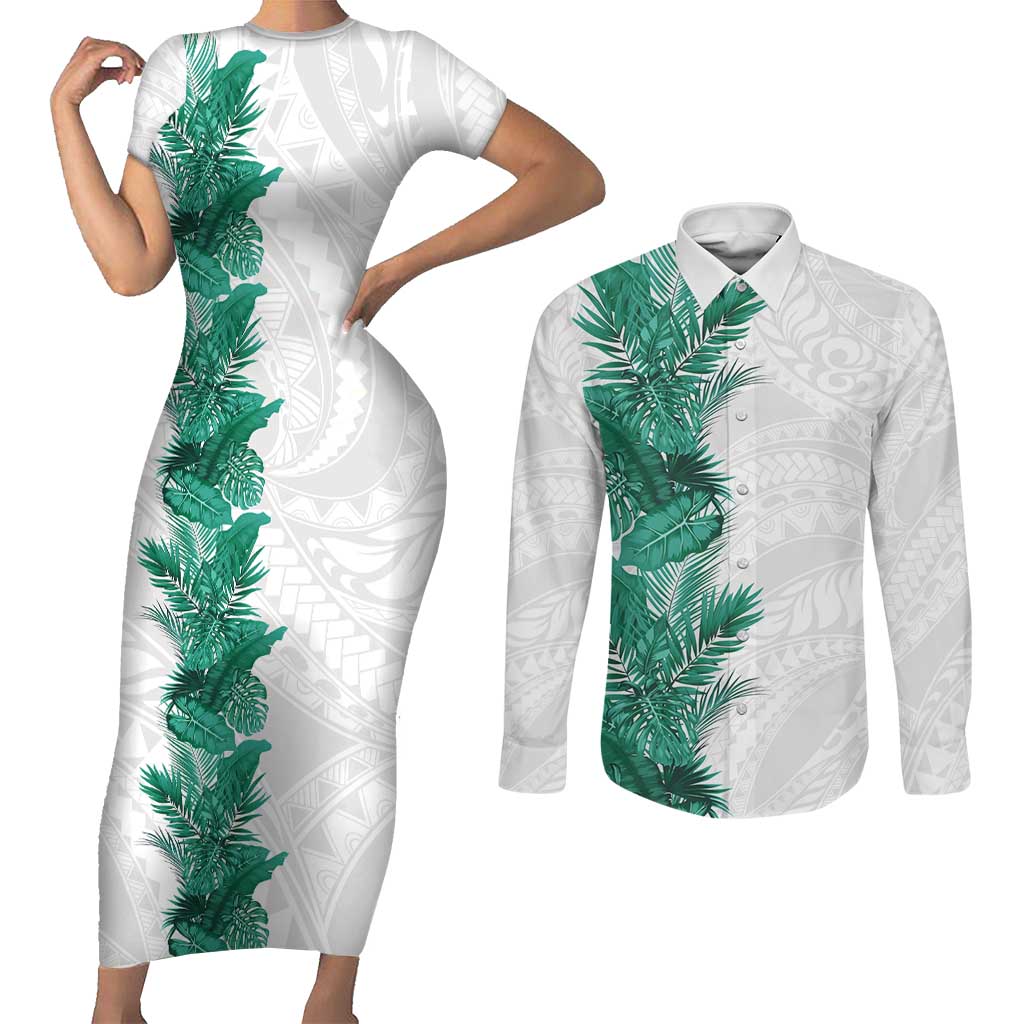 Hawaii Tropical Leaves Couples Matching Short Sleeve Bodycon Dress and Long Sleeve Button Shirt Polynesian Pattern LT01 White - Polynesian Pride