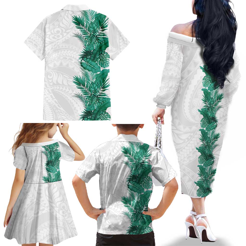 Hawaii Tropical Leaves Family Matching Off The Shoulder Long Sleeve Dress and Hawaiian Shirt Polynesian Pattern