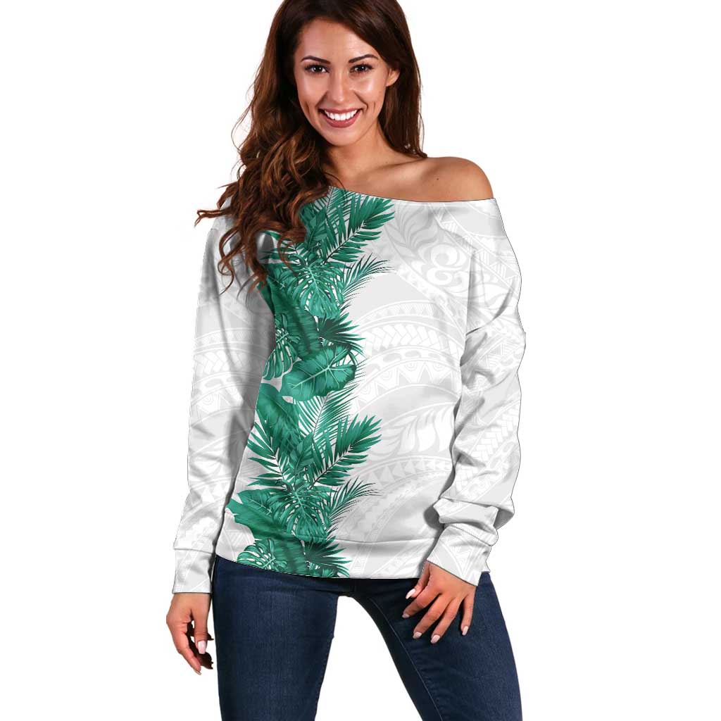 Hawaii Tropical Leaves Off Shoulder Sweater Polynesian Pattern