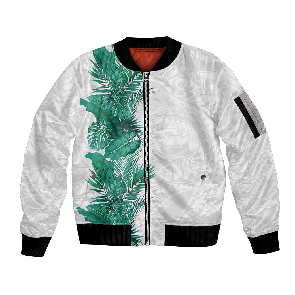 Hawaii Tropical Leaves Sleeve Zip Bomber Jacket Polynesian Pattern