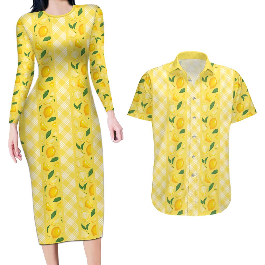 Hawaii Lemon Palaka Couples Matching Long Sleeve Bodycon Dress and Hawaiian Shirt Striped Stylized LT01 Yellow - Polynesian Pride