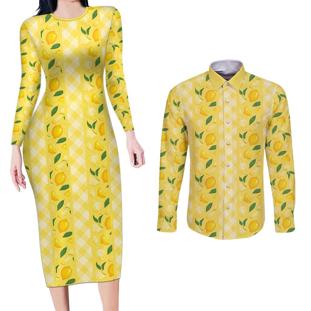 Hawaii Lemon Palaka Couples Matching Long Sleeve Bodycon Dress and Long Sleeve Button Shirt Striped Stylized LT01 Yellow - Polynesian Pride