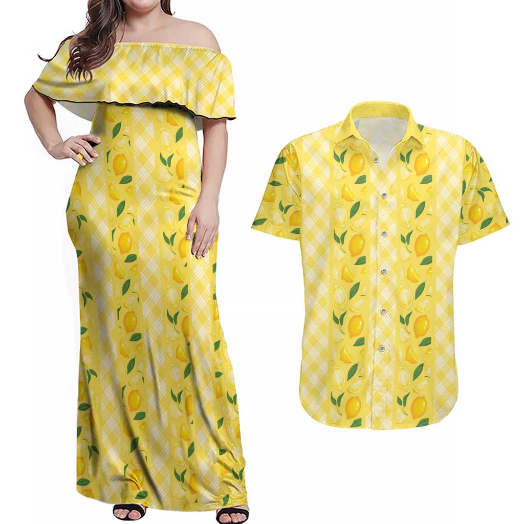 Hawaii Lemon Palaka Couples Matching Off Shoulder Maxi Dress and Hawaiian Shirt Striped Stylized LT01 Yellow - Polynesian Pride